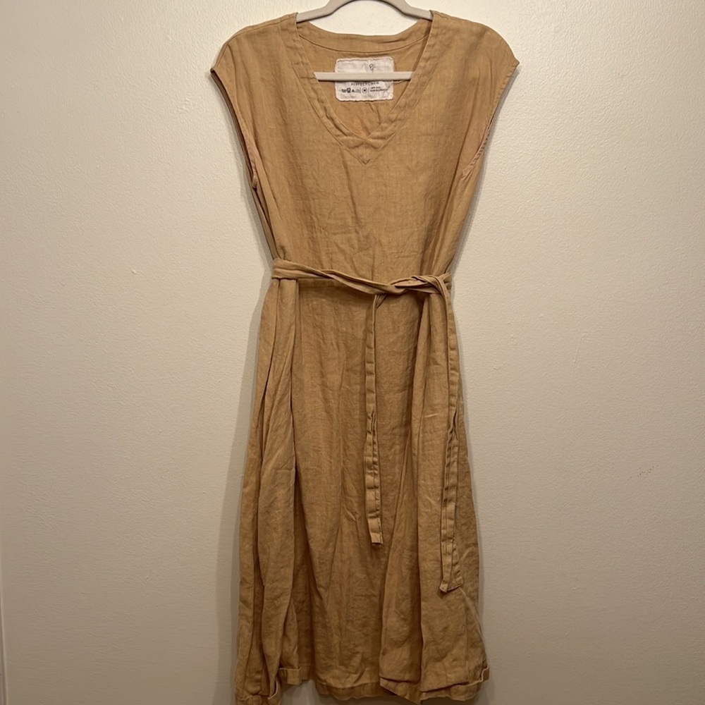 Not Perfect Linen MONACO Light Camel V-Neck Dress